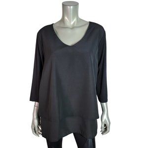DG2 Diane Gilman Top Plus Size 1X V-Neck 3/4 Sleeve‎ Tiered Stretch Black NWT